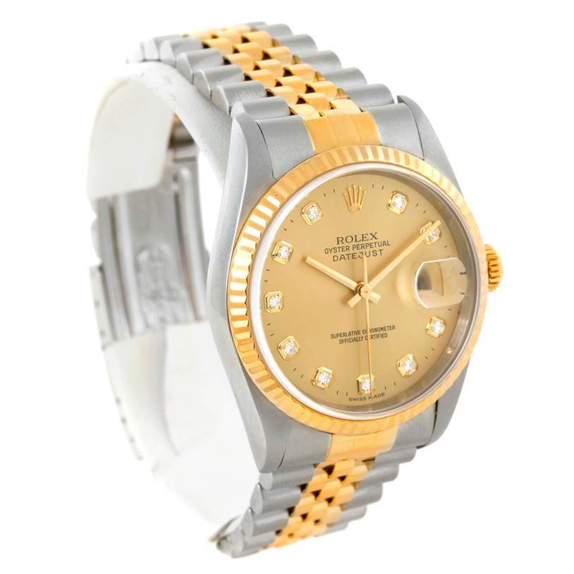 The image shows a Rolex Datejust 16233 Men's Steel and Gold (two tone) Champagne Dial 16233 Men's Steel and Gold (two tone) Champagne Dial watch at a slight angle from the front, highlighting the dial, bezel, crown, and part of the bracelet.