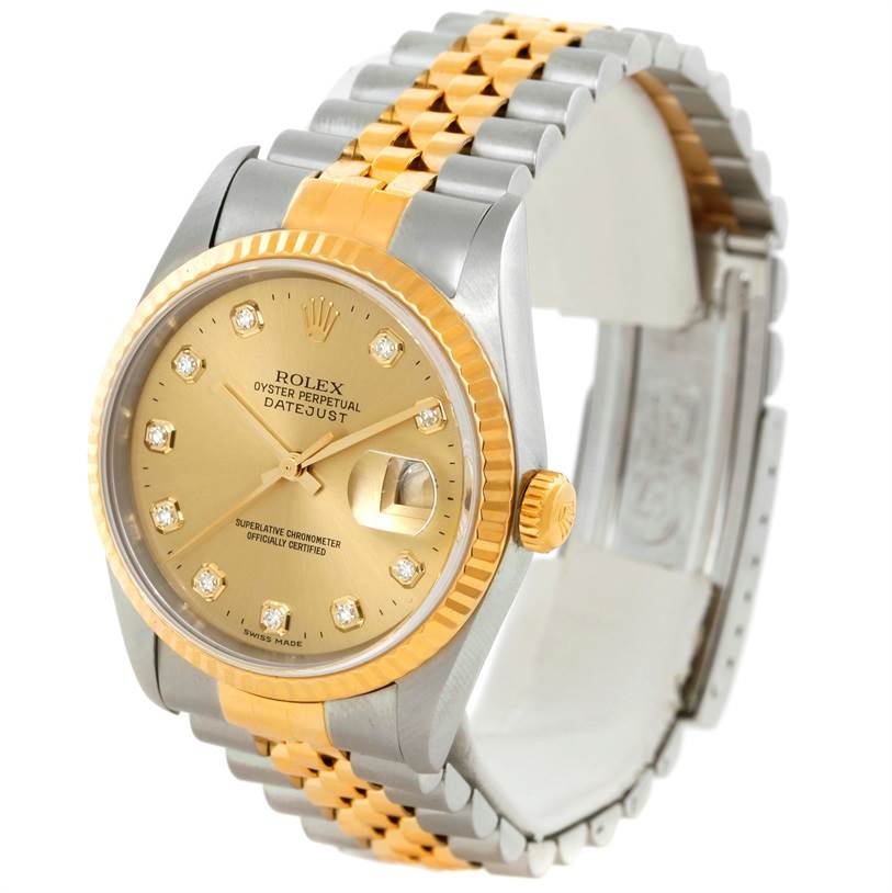 The Rolex Datejust 16233 Men's Steel and Gold (two tone) Champagne Dial 16233 Men's Steel and Gold (two tone) Champagne Dial watch is shown from an angled front view, displaying its dial, bezel, crown, and part of the bracelet.