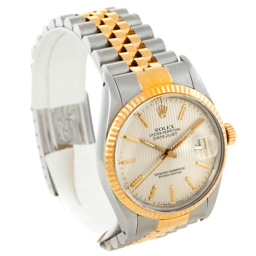 The Rolex Datejust 16013 Men's Stainless Steel Silver Dial 16013 Men's Stainless Steel Silver Dial watch is shown at a three-quarter angle, displaying the face, bezel, and Jubilee bracelet.