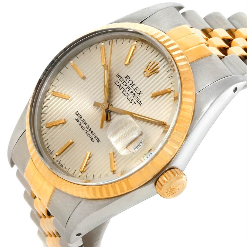 The image shows a Rolex Datejust 16013 Men's Stainless Steel Silver Dial 16013 Men's Stainless Steel Silver Dial watch at an angled side view, focusing on the dial, bezel, and part of the bracelet.