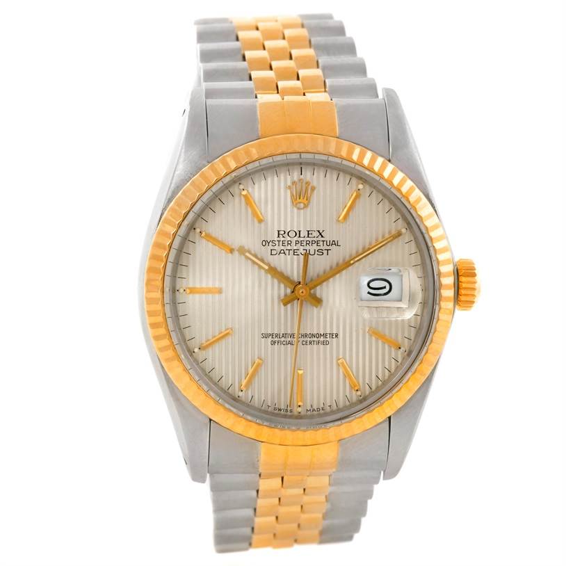 This image shows a Rolex Datejust 16013 Men's Stainless Steel Silver Dial 16013 Men's Stainless Steel Silver Dial watch from a front angle, highlighting its dial, bezel, and part of the bracelet.