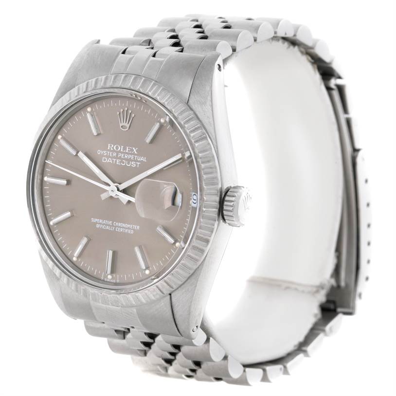 The image shows a Rolex Datejust 16030 Men
s Stainless Steel Grey Dial 16030 Men
s Stainless Steel Grey Dial watch at a three-quarter angle highlighting its face, bezel, crown, and part of the bracelet.