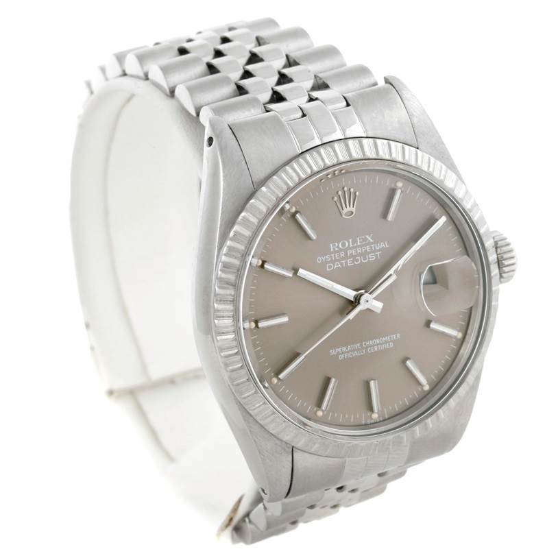 This image shows a Rolex Datejust 16030 Men
s Stainless Steel Grey Dial 16030 Men
s Stainless Steel Grey Dial watch from a three-quarter front angle, highlighting the face, crown, and part of the bracelet.