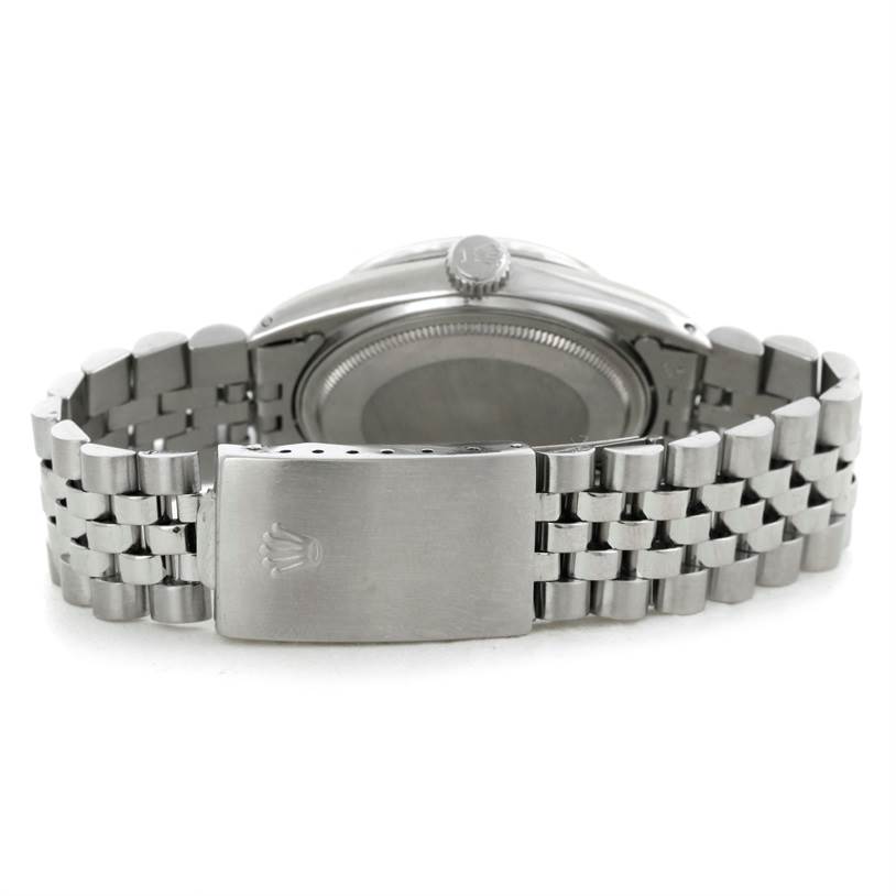 This image shows the rear view of a Rolex Datejust 16030 Men
s Stainless Steel Grey Dial 16030 Men
s Stainless Steel Grey Dial watch, focusing on the case back and Jubilee bracelet with the clasp.