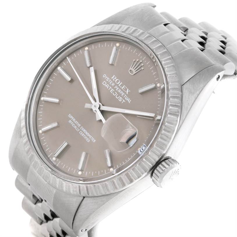 The image shows a Rolex Datejust 16030 Men
s Stainless Steel Grey Dial 16030 Men
s Stainless Steel Grey Dial watch from a slightly angled top view, showcasing the dial, bezel, crown, and part of the bracelet.