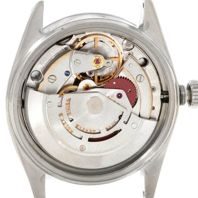 This image shows the internal mechanism of a Rolex Datejust 16030 Men
s Stainless Steel Grey Dial 16030 Men
s Stainless Steel Grey Dial watch, viewed from the back with the case opened.