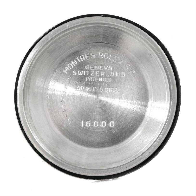 This image shows the stainless steel case back of a Rolex Datejust 16030 Men
s Stainless Steel Grey Dial 16030 Men
s Stainless Steel Grey Dial watch, model number 16000.