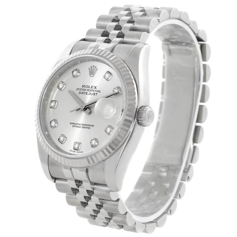 This Rolex Datejust 116234 Men's Stainless Steel Silver Dial 116234 Men's Stainless Steel Silver Dial watch is shown at an oblique angle, displaying its face, bezel, and bracelet.