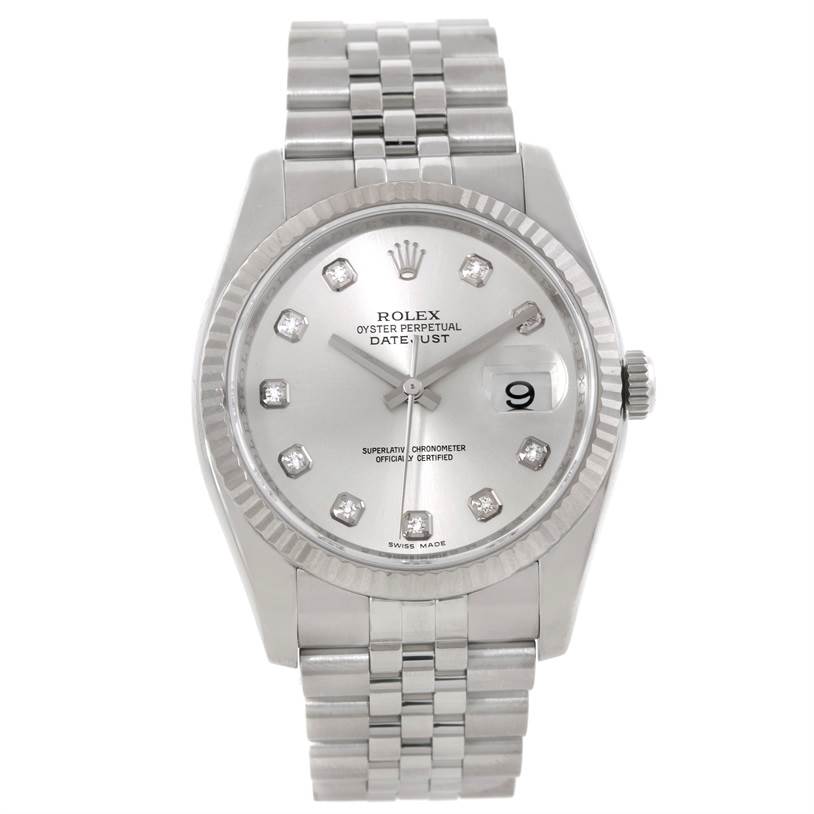 The image shows a Rolex Datejust 116234 Men's Stainless Steel Silver Dial 116234 Men's Stainless Steel Silver Dial watch from a front angle, featuring its dial, date window, bezel, case, and bracelet.
