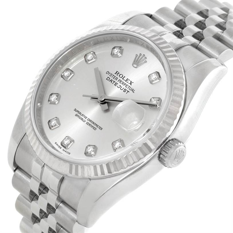 The image shows a close-up angled view of a Rolex Datejust 116234 Men's Stainless Steel Silver Dial 116234 Men's Stainless Steel Silver Dial watch, highlighting its face, bezel, crown, and part of the band.