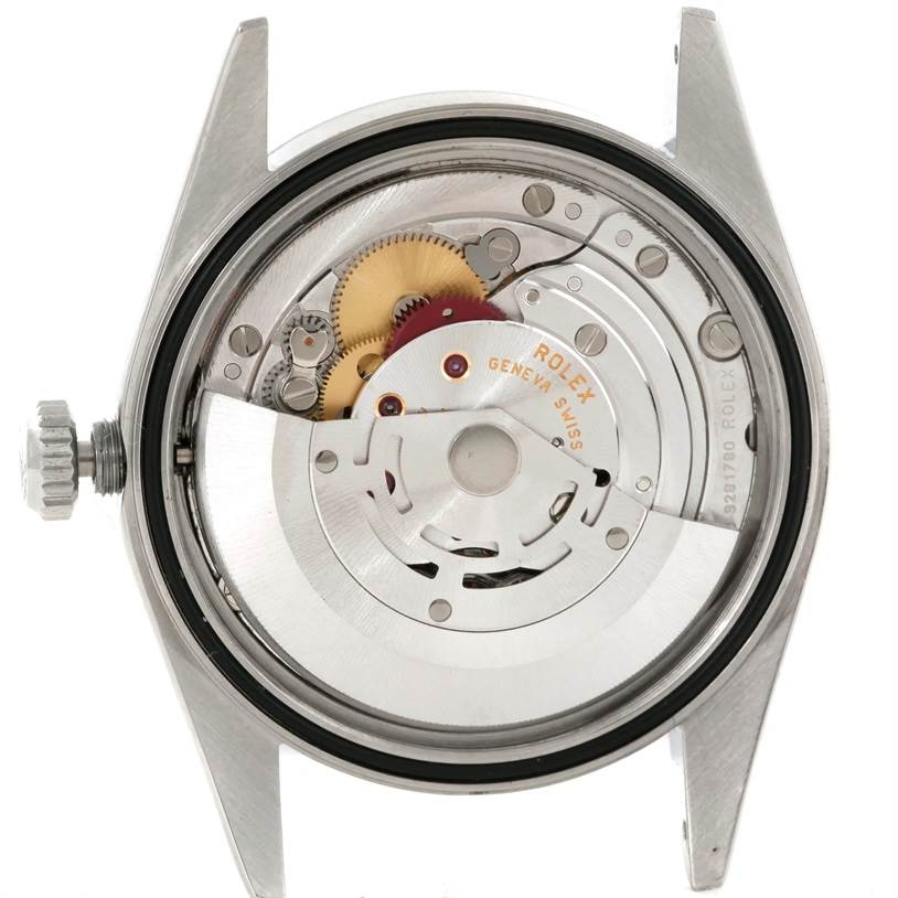 This image shows the movement and internal mechanism of a Rolex Datejust 16200 Men's Stainless Steel Silver Dial 16200 Men's Stainless Steel Silver Dial watch from the back.