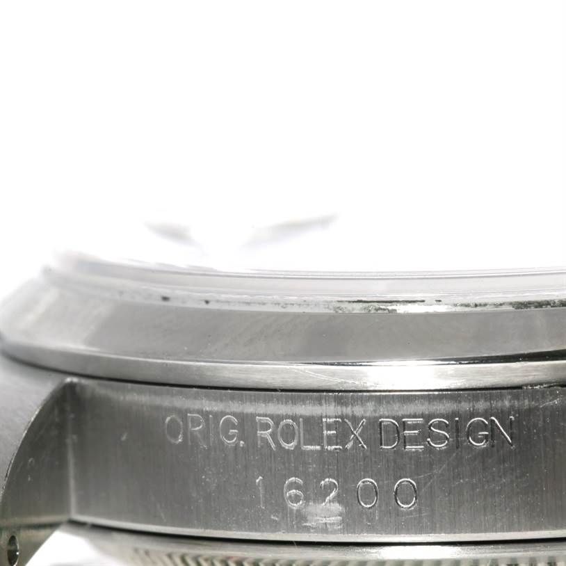 This image shows a close-up side view of the Rolex Datejust 16200 Men's Stainless Steel Silver Dial 16200 Men's Stainless Steel Silver Dial model, revealing the case with the model number 16200 engraved.