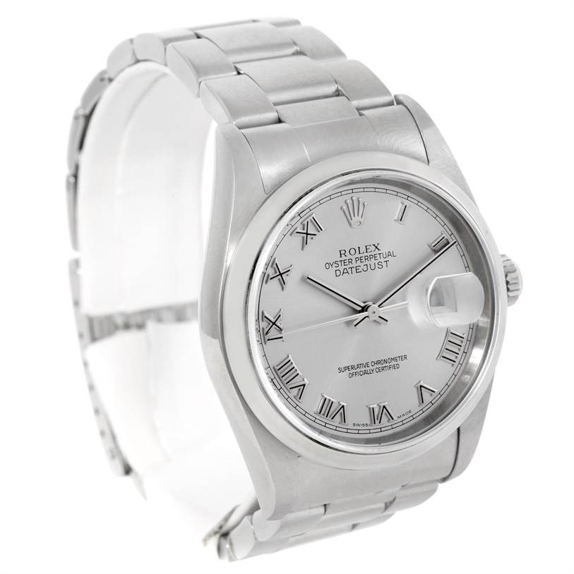 This image shows a Rolex Datejust 16200 Men's Stainless Steel Silver Dial 16200 Men's Stainless Steel Silver Dial watch from an angled front-left perspective, highlighting the dial, bracelet, and crown.