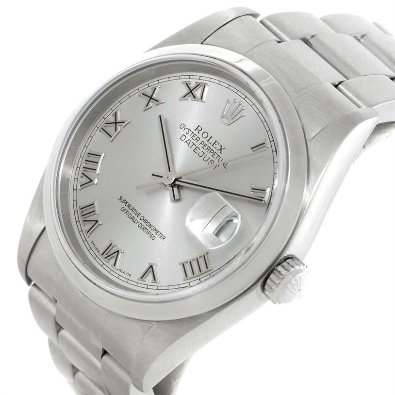 The image shows a Rolex Datejust 16200 Men's Stainless Steel Silver Dial 16200 Men's Stainless Steel Silver Dial watch at a slight angled view, highlighting the face, crown, and part of the bracelet.