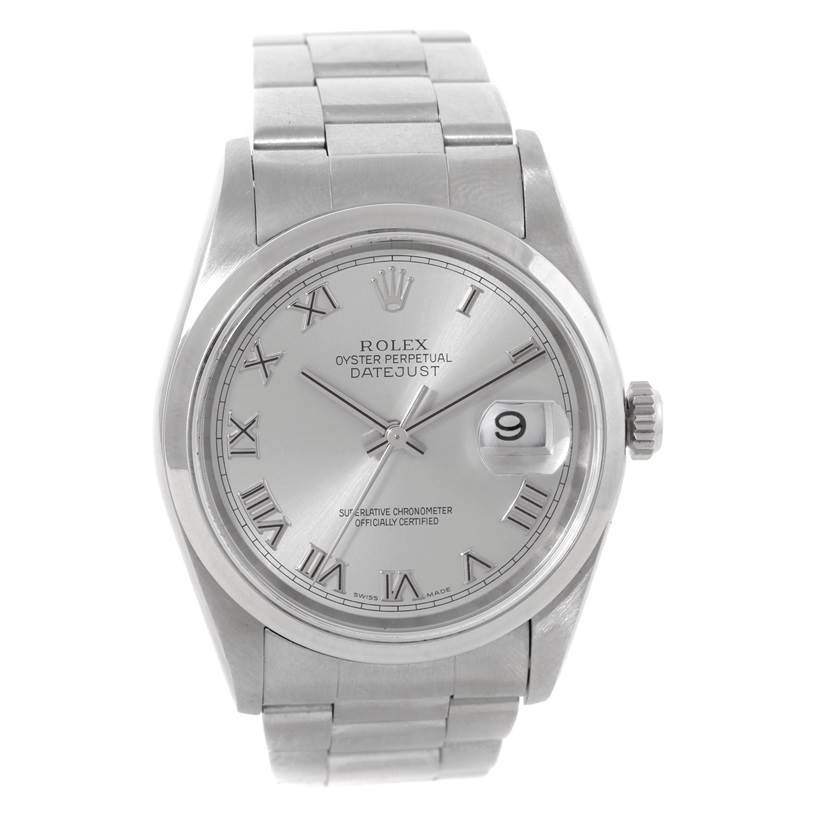 The image shows a front view of a Rolex Datejust 16200 Men's Stainless Steel Silver Dial 16200 Men's Stainless Steel Silver Dial watch, highlighting its dial, bracelet, and crown.