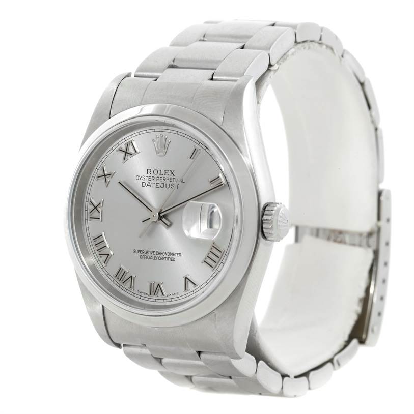 This image shows a Rolex Datejust 16200 Men's Stainless Steel Silver Dial 16200 Men's Stainless Steel Silver Dial watch at a three-quarter angle, displaying the face, bezel, crown, and part of the bracelet.