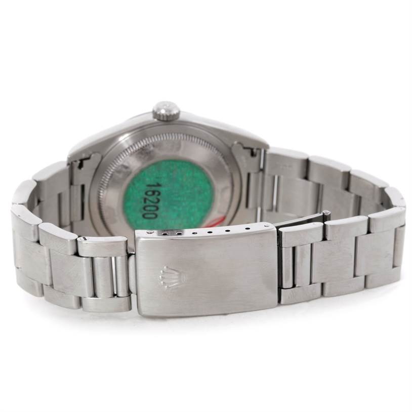 This image shows the back view of a Rolex Datejust 16200 Men's Stainless Steel Silver Dial 16200 Men's Stainless Steel Silver Dial watch, focusing on the bracelet and clasp.