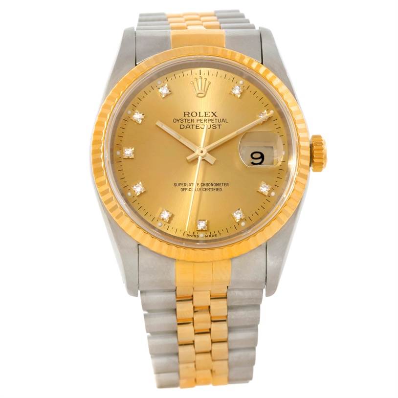 The image shows a Rolex Datejust 16233 Men
s Steel and Gold (two tone) Champagne Dial 16233 Men
s Steel and Gold (two tone) Champagne Dial watch from a frontal angle, showcasing the gold dial, bezel, hands, and two-tone bracelet.
