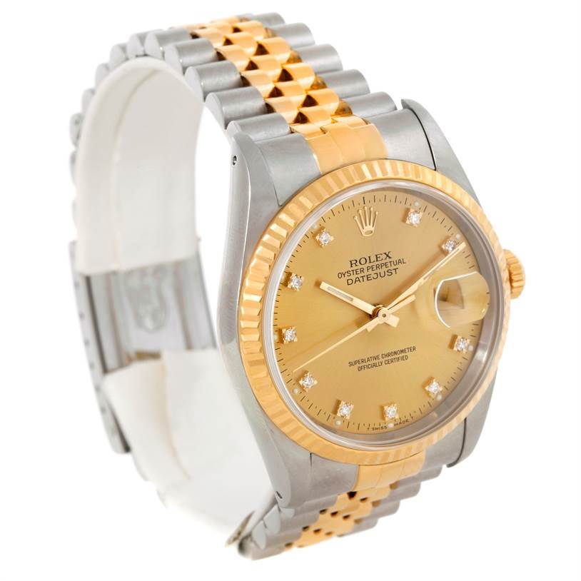 The image shows a Rolex Datejust 16233 Men
s Steel and Gold (two tone) Champagne Dial 16233 Men
s Steel and Gold (two tone) Champagne Dial watch at a slight angle, highlighting its two-tone bracelet, gold bezel, and dial with diamond markers.