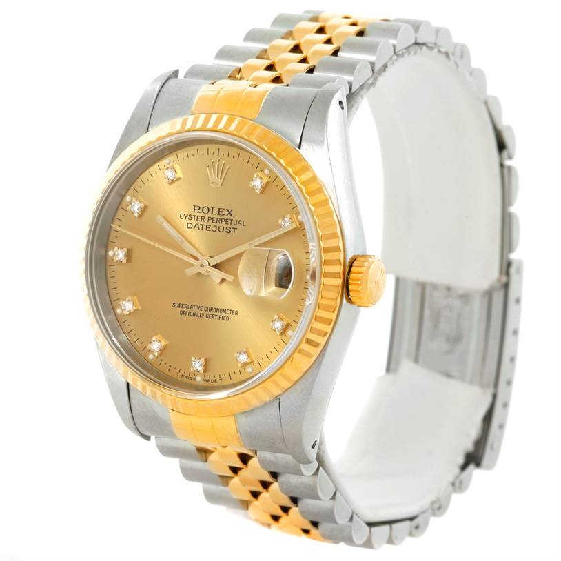 The image shows a Rolex Datejust 16233 Men
s Steel and Gold (two tone) Champagne Dial 16233 Men
s Steel and Gold (two tone) Champagne Dial watch at a three-quarter angle, highlighting its gold and silver two-tone bracelet, gold dial, and fluted bezel.