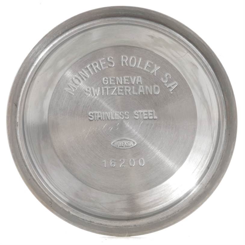 This image shows the stainless steel case back for a Rolex Datejust 16233 Men
s Steel and Gold (two tone) Champagne Dial 16233 Men
s Steel and Gold (two tone) Champagne Dial watch, model number 16200.