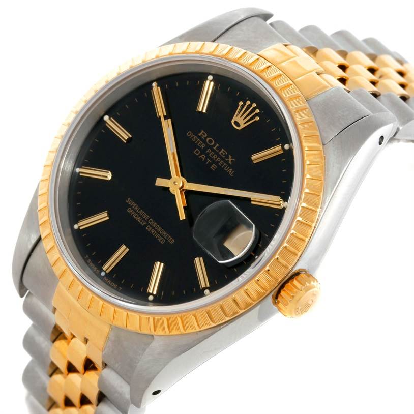 This image shows a close-up, angled view of a Rolex Datejust 15223 Men's Steel and Gold (two tone) Black Dial 15223 Men's Steel and Gold (two tone) Black Dial watch, highlighting the dial, bezel, and bracelet.