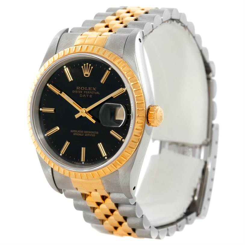 The image shows the Rolex Datejust 15223 Men's Steel and Gold (two tone) Black Dial 15223 Men's Steel and Gold (two tone) Black Dial watch at a three-quarter angle, highlighting the black dial, gold bezel, and two-tone bracelet.