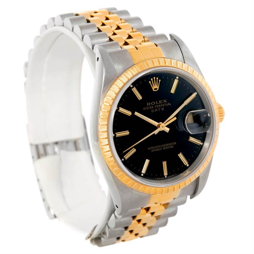 The Rolex Datejust 15223 Men's Steel and Gold (two tone) Black Dial 15223 Men's Steel and Gold (two tone) Black Dial watch is shown at an angled view, displaying its face, bezel, and part of its bi-tone bracelet.