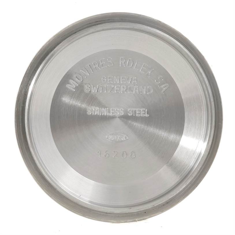 The image shows the inside case back of the Rolex Datejust 16220 Men's Stainless Steel Silver Dial 16220 Men's Stainless Steel Silver Dial watch, model number 16200, made of stainless steel.
