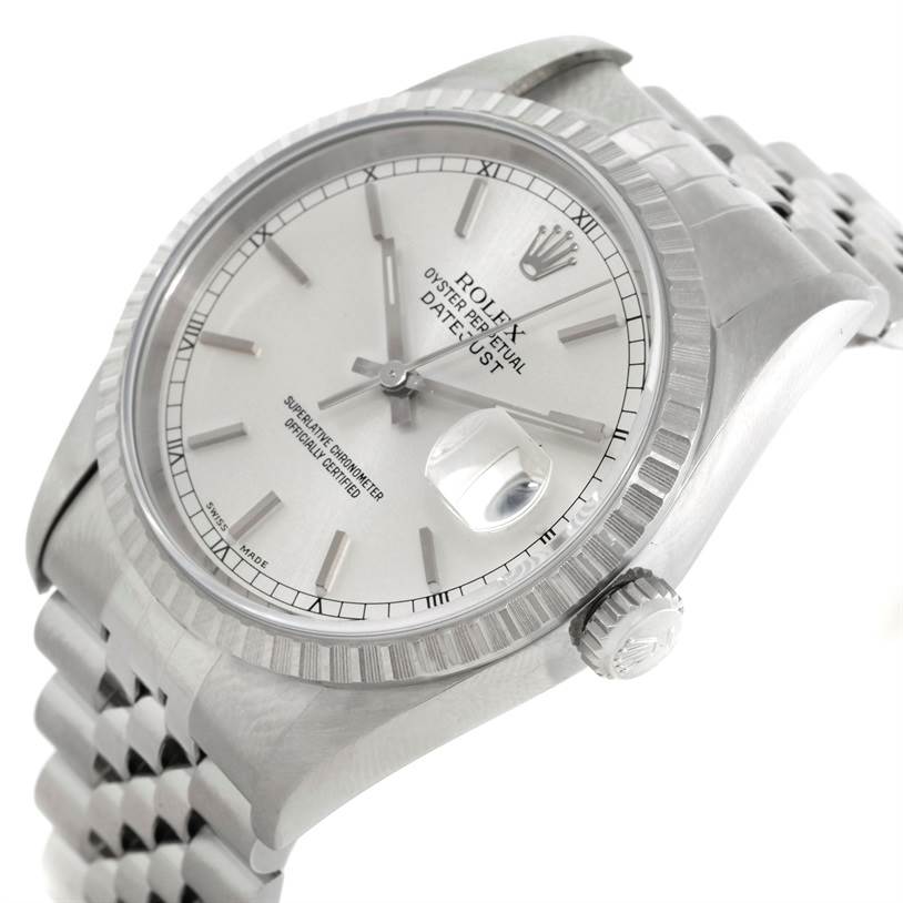 The Rolex Datejust 16220 Men's Stainless Steel Silver Dial 16220 Men's Stainless Steel Silver Dial watch is shown from a slight angle, highlighting the face, crown, bracelet, and part of the case.