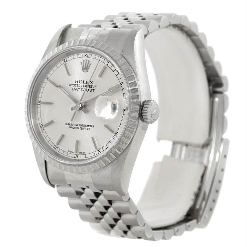 The image shows a Rolex Datejust 16220 Men's Stainless Steel Silver Dial 16220 Men's Stainless Steel Silver Dial watch from an angled front view, highlighting the dial, crown, case, and part of the bracelet.
