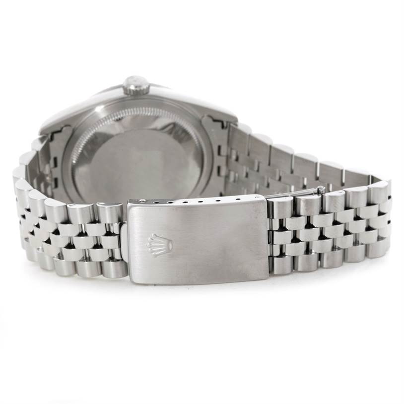 The image shows the back case and bracelet clasp of a Rolex Datejust 16220 Men's Stainless Steel Silver Dial 16220 Men's Stainless Steel Silver Dial watch from a rear angle.