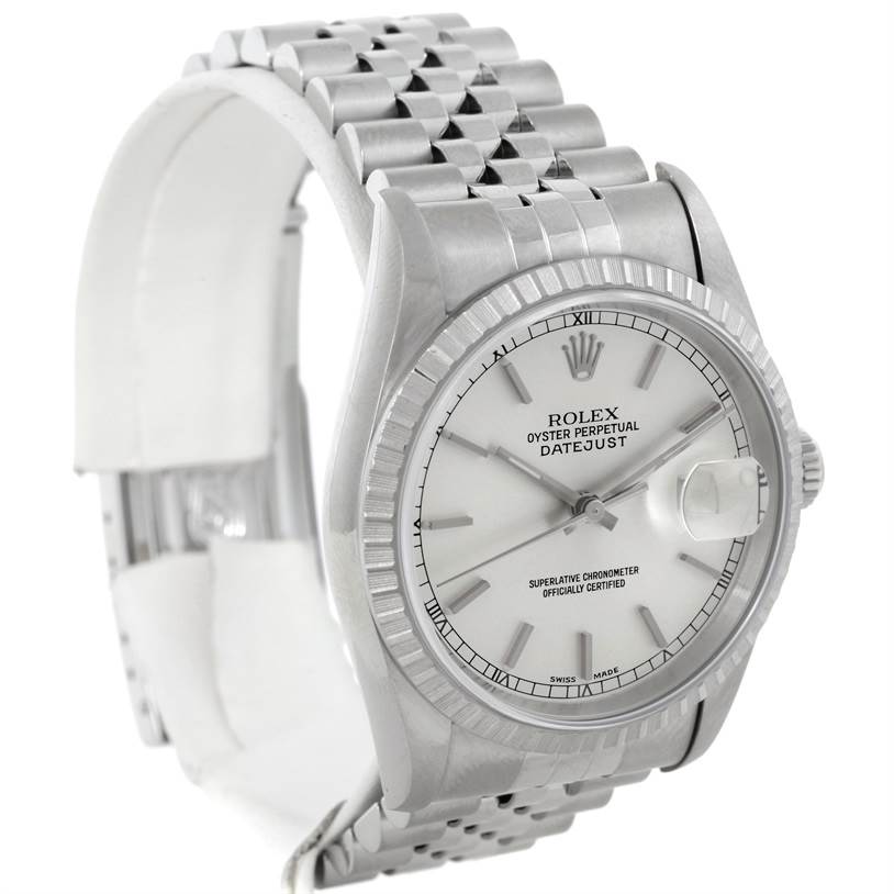This Rolex Datejust 16220 Men's Stainless Steel Silver Dial 16220 Men's Stainless Steel Silver Dial watch is shown at a slight angle, highlighting its dial, bezel, and bracelet.