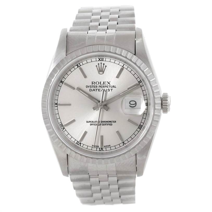The image shows a front view of a Rolex Datejust 16220 Men's Stainless Steel Silver Dial 16220 Men's Stainless Steel Silver Dial watch, displaying its face, bezel, crown, and bracelet.
