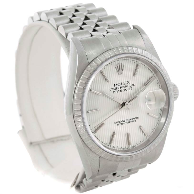 The image shows a Rolex Datejust 16220 Men's Stainless Steel Silver Dial 16220 Men's Stainless Steel Silver Dial watch from a front-left angle, highlighting the dial, bezel, and bracelet.