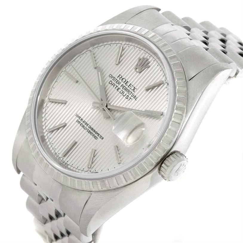 This image shows a close-up angle of a Rolex Datejust 16220 Men's Stainless Steel Silver Dial 16220 Men's Stainless Steel Silver Dial watch, highlighting the dial, bezel, and part of the bracelet.