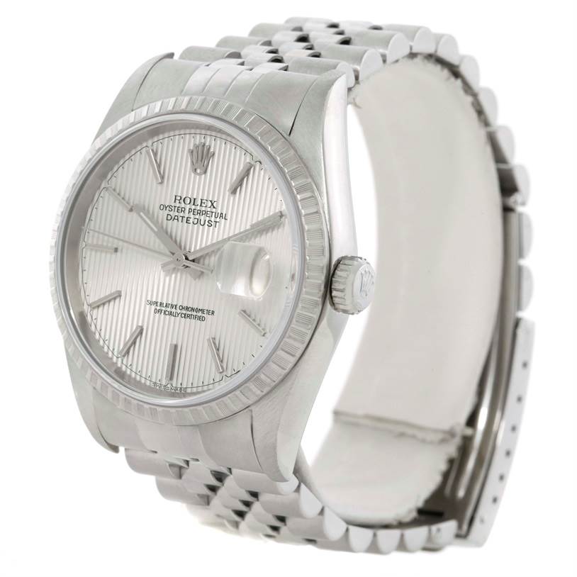 The image shows a Rolex Datejust 16220 Men's Stainless Steel Silver Dial 16220 Men's Stainless Steel Silver Dial watch at a slight angle, highlighting its dial, bezel, crown, and bracelet.