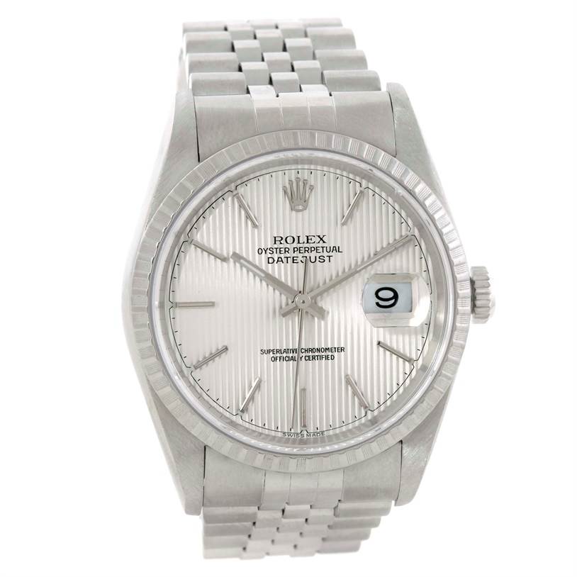 The image shows a front view of a Rolex Datejust 16220 Men's Stainless Steel Silver Dial 16220 Men's Stainless Steel Silver Dial model watch, including the dial, bezel, and bracelet.