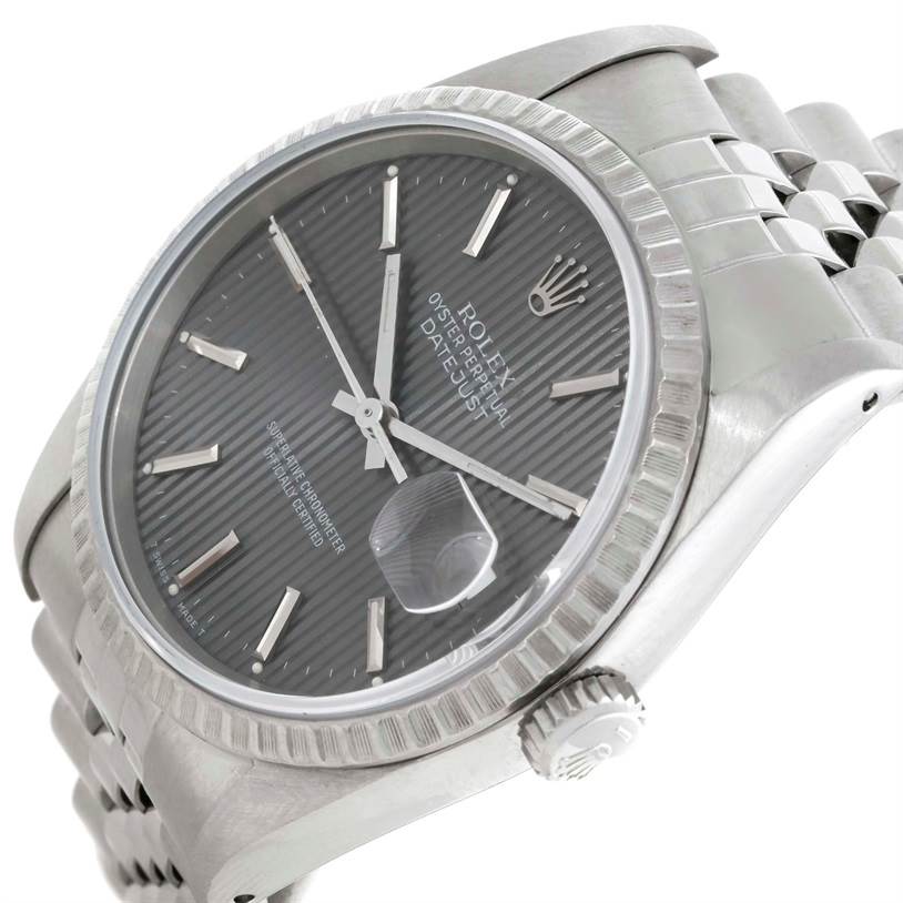 The image shows a close-up of the Rolex Datejust 16220 Men
s Stainless Steel Grey Dial 16220 Men
s Stainless Steel Grey Dial watch, highlighting the dial, bezel, crown, and part of the bracelet at an angle.