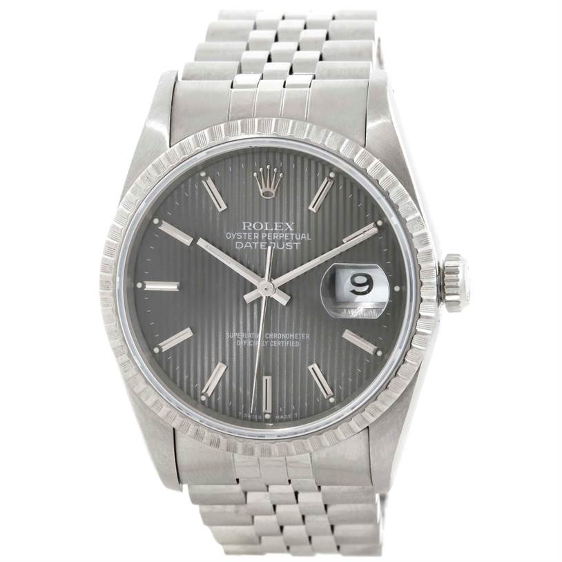 This Rolex Datejust 16220 Men
s Stainless Steel Grey Dial 16220 Men
s Stainless Steel Grey Dial watch is photographed from the front, showing its face, bezel, bracelet, and crown.