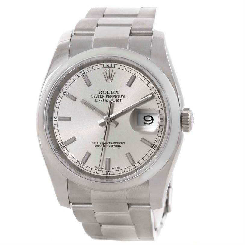 The Rolex Datejust 116200 Men's Stainless Steel Silver Dial 116200 Men's Stainless Steel Silver Dial watch is shown from a frontal angle, displaying its face, bezel, crown, and bracelet.