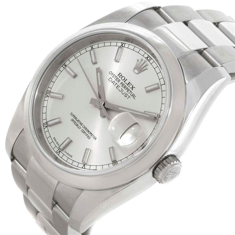 The Rolex Datejust 116200 Men's Stainless Steel Silver Dial 116200 Men's Stainless Steel Silver Dial watch is shown at a slight angle displaying its dial, bezel, bracelet, and crown.