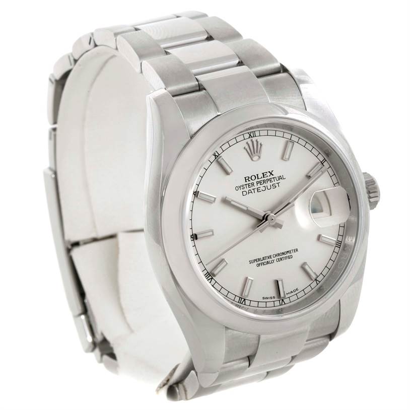 This image shows the Rolex Datejust 116200 Men's Stainless Steel Silver Dial 116200 Men's Stainless Steel Silver Dial watch at a three-quarter angle, highlighting its face, case, and bracelet.