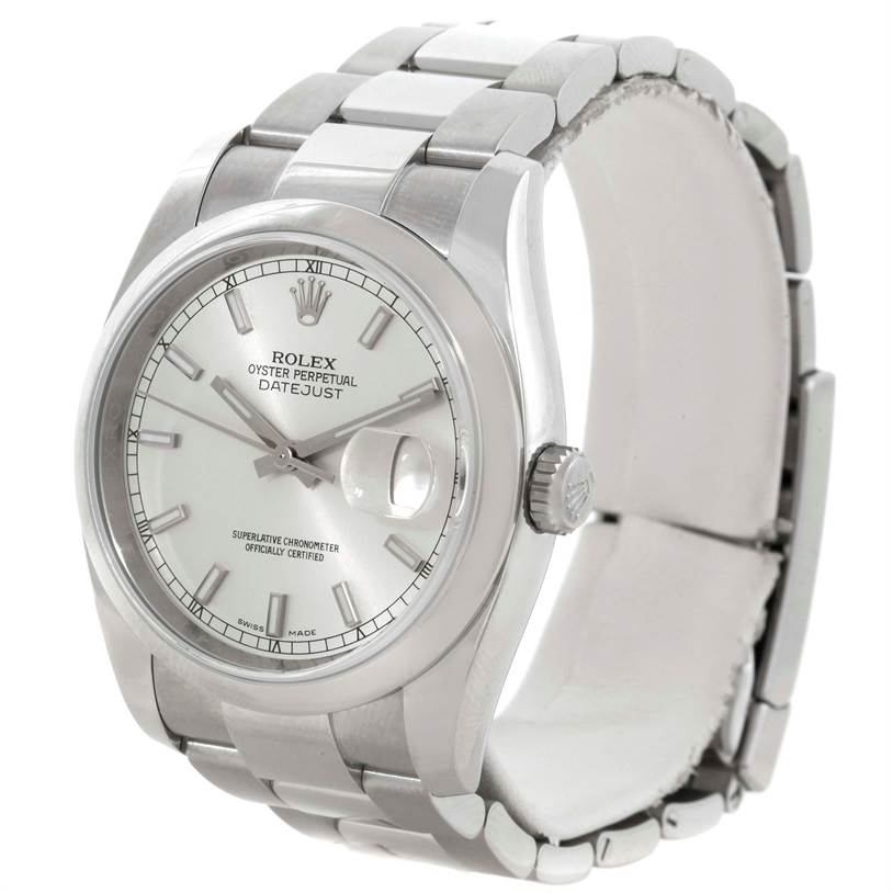 This image shows a Rolex Datejust 116200 Men's Stainless Steel Silver Dial 116200 Men's Stainless Steel Silver Dial watch from a three-quarter angle, highlighting the face, crown, and stainless steel bracelet.