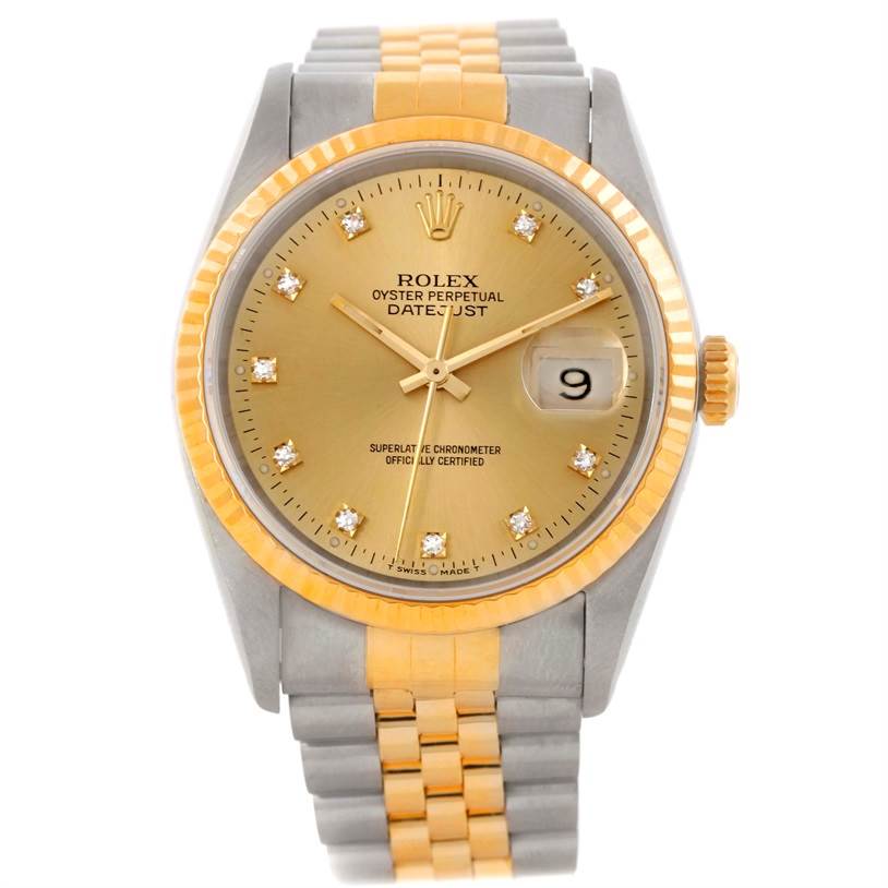 The image shows a frontal view of a Rolex Datejust 16233 Men's Steel and Gold (two tone) Champagne Dial 16233 Men's Steel and Gold (two tone) Champagne Dial watch, highlighting the dial, bezel, crown, and two-tone bracelet.