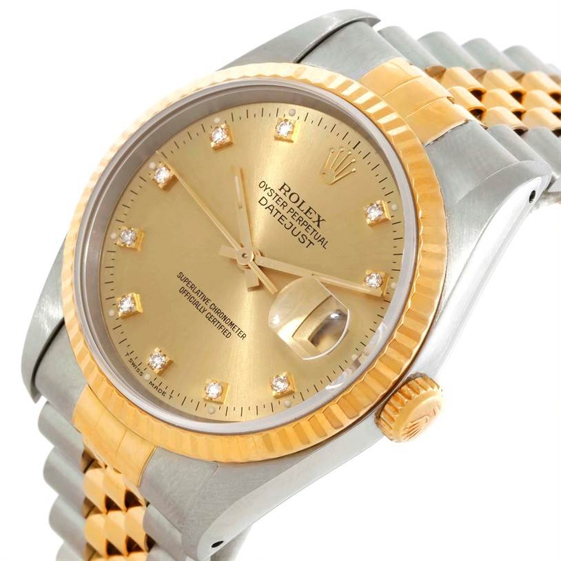The image shows a close-up view of the Rolex Datejust 16233 Men's Steel and Gold (two tone) Champagne Dial 16233 Men's Steel and Gold (two tone) Champagne Dial watch's dial, bezel, crown, and part of the jubilee bracelet.