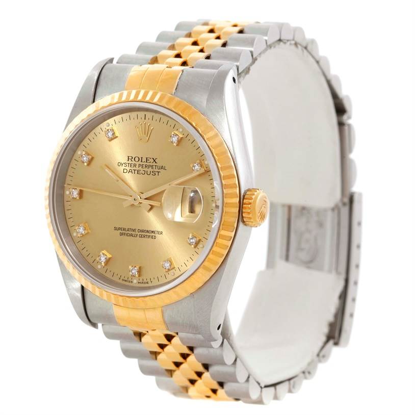 This image shows a Rolex Datejust 16233 Men's Steel and Gold (two tone) Champagne Dial 16233 Men's Steel and Gold (two tone) Champagne Dial watch at a three-quarter angle, highlighting its gold and silver dial, bezel, and bracelet.