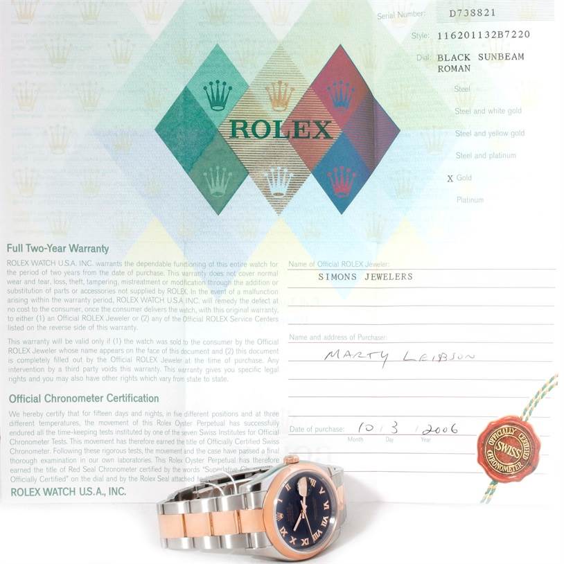 The image shows a Rolex Datejust 116201 Men
s Steel and Gold (two tone) Black Dial 116201 Men
s Steel and Gold (two tone) Black Dial watch with its warranty card and certification documents.