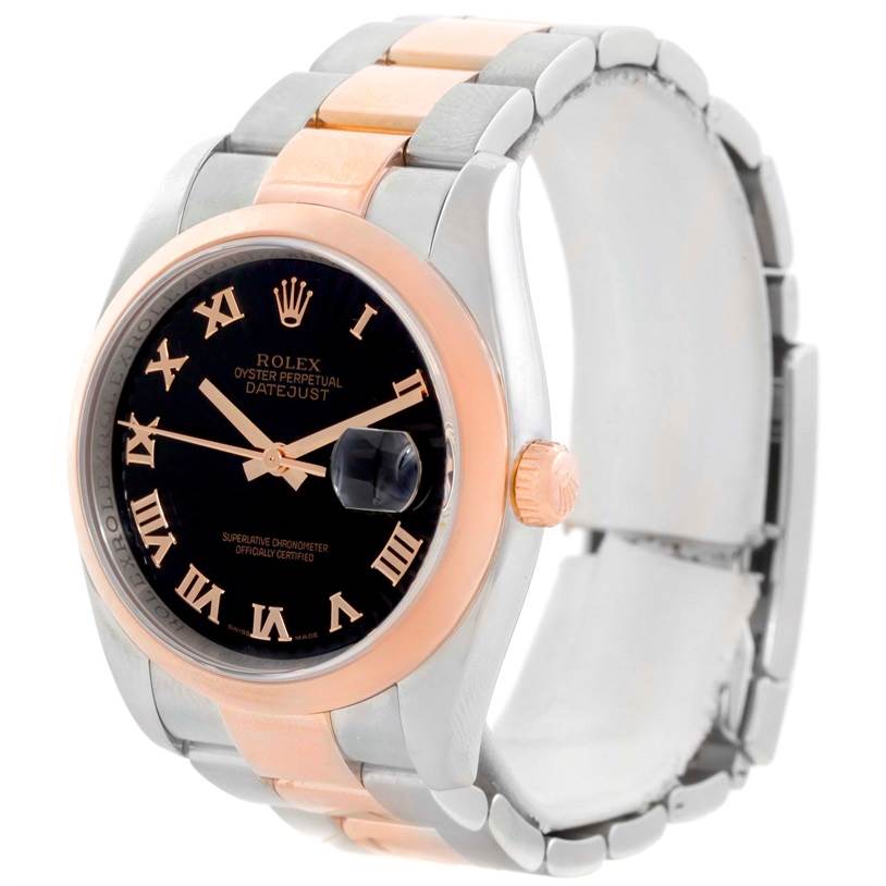 This Rolex Datejust 116201 Men
s Steel and Gold (two tone) Black Dial 116201 Men
s Steel and Gold (two tone) Black Dial watch is shown from a three-quarter angle, highlighting the dial, case, bezel, crown, and bracelet.