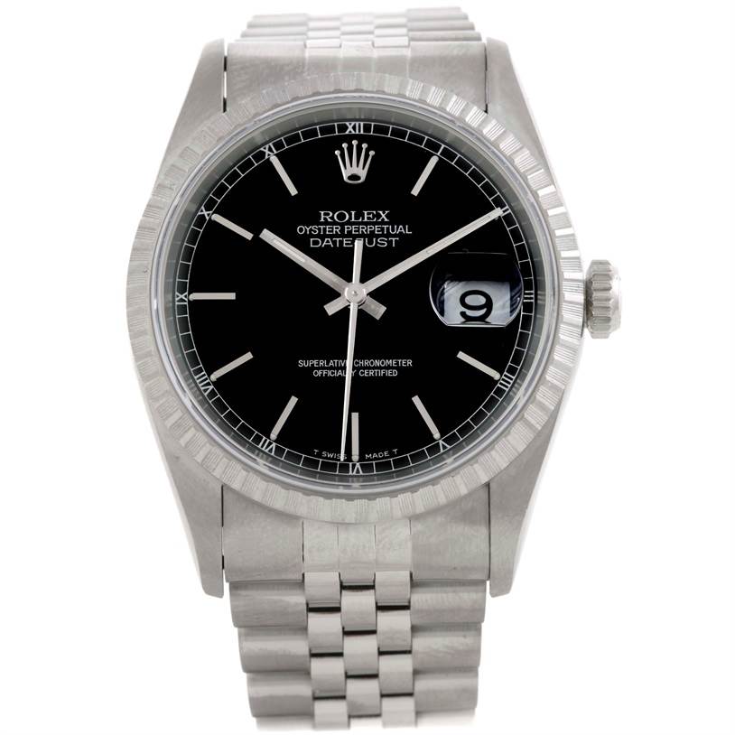 The image shows a front view of a Rolex Datejust 16220 Men
s Stainless Steel Black Dial 16220 Men
s Stainless Steel Black Dial watch, highlighting its dial, bezel, bracelet, and crown.